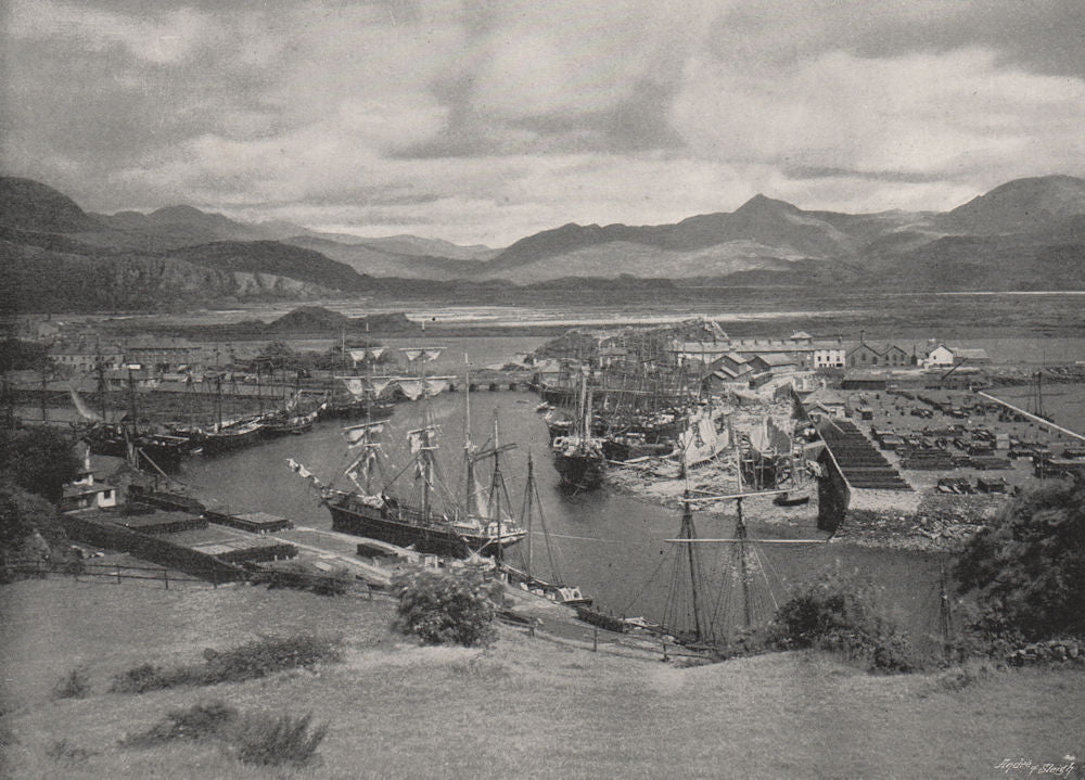 PORTMADOC PORTHMADOG. View of the town. Sailing ships moored 1900 old print